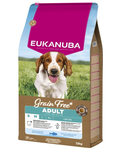 EUKANUBA Grain Free Adult Small Medium Ocean Fish 12 kg hrană uscată câini adulți rase mici și medii cu pește