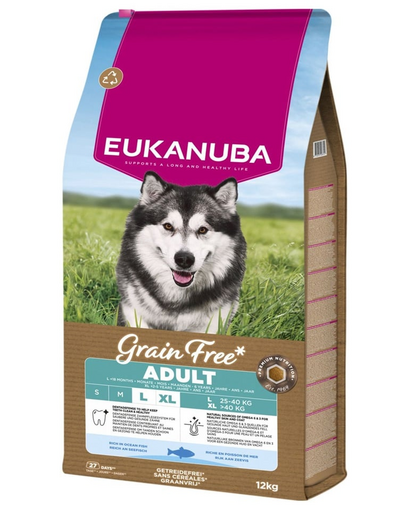 EUKANUBA Grain Free Adult Large Ocean Fish 12 kg hrană câini adulți rase mari, cu pește