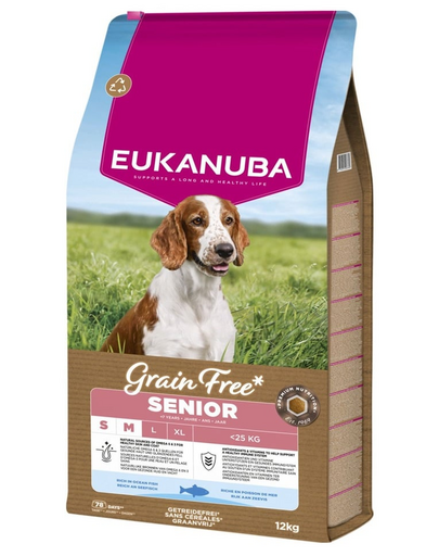 EUKANUBA Grain Free Senior Small Medium Ocean Fish 12 kg hrană câini seniori rase mici și medii, cu pește