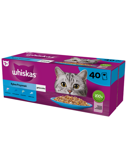 WHISKAS Adult plicuri 40 x 85 g Fish Snacks - hrana completa umeda pentru pisici adulte, in jeleu (bucati cu: somon, ton, cod, peste alb)