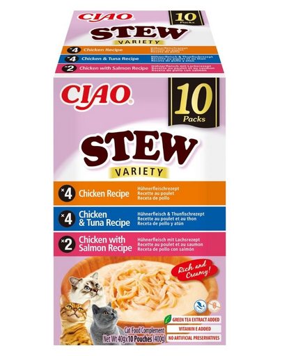INABA Cat Ciao Stew Creamy Variety 10x40g mix gustări cu pui, ton și somon în sos cremos