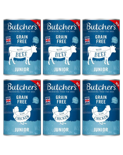BUTCHER'S Original Junior Mix smaków 6x400g kawałki z wołowiną i kurczakiem w galaretce dla szczeniąt