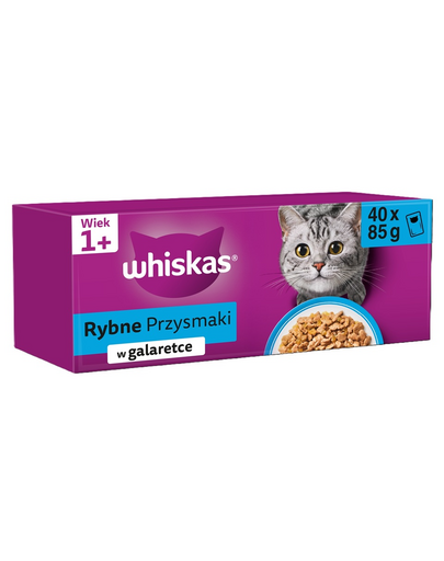 WHISKAS Adult plic 40 x 85 g Arome de pește în jeleu: somon, ton, cod, pește alb