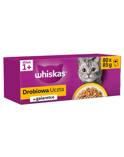 WHISKAS Adult 80x85g Plicuri in aspic Poultry Feast hrana umeda completa pentru pisici adulte cu bucati pui, rata, pasare, curcan