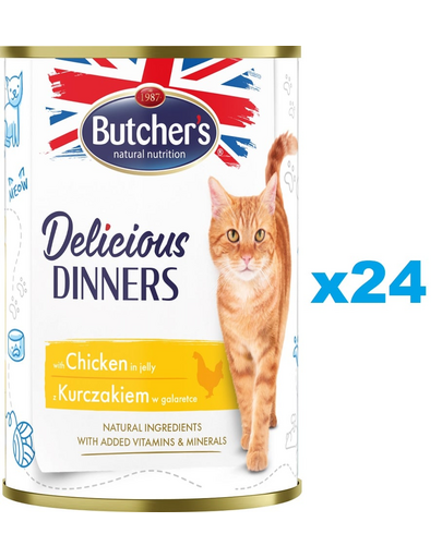 BUTCHER'S Delicious Dinners hrana umeda pisici, bucati de pui in jeleu 24x400g