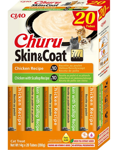 INABA Churu Cat Skin Coat 20x14g recompensa crema, cu pui si scoici pentru pisica