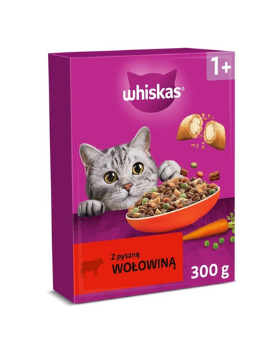 Hrană uscată pisici adulte cu vită WHISKAS 300 g crochete crocante cu interior moale