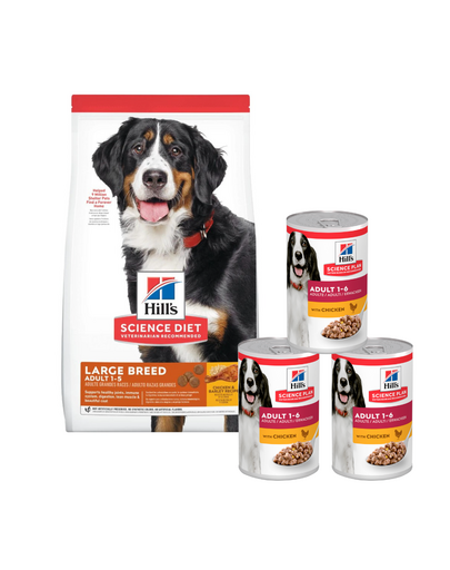 HILL'S Science Plan Adult Dog Large Dry Chicken cu pui 14 kg talie mare + 3 conserve 370 g GRATIS