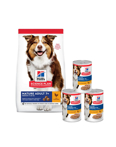 HILL'S Science Plan Canine Mature Adult Chicken 14 kg pentru caini seniori + 3 conserve GRATIS