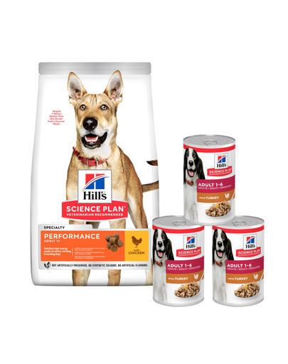 HILL'S Canine Adult 1+ Performance cu pui 14 kg pentru caini activi + 3 conserve 370 g GRATIS
