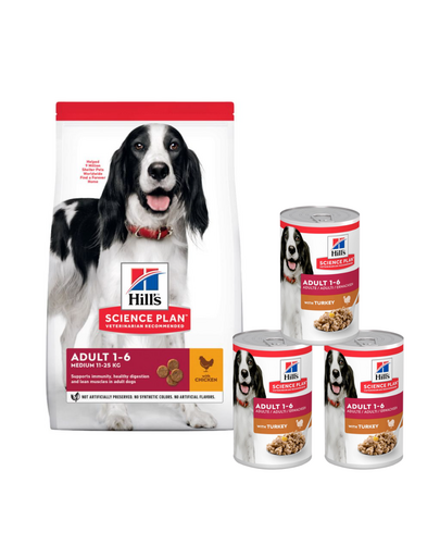 HILL'S Science Plan Adult Medium breed hrana cu pui 14 kg + 3 conserve GRATIS