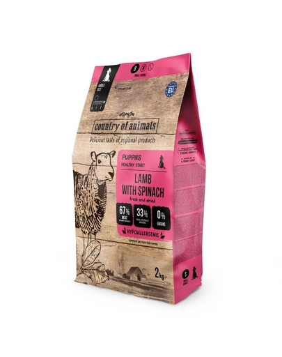 COUNTRY OF ANIMALS hrană uscată cu miel și spanac pentru căței S 2 kg