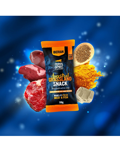 PRIMAL SPIRIT Iberian Ancestral Grassland 110 g recompense moi pentru câini, cu porc