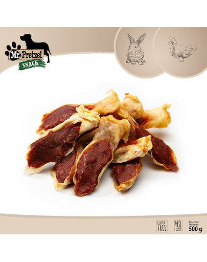 Recompense câini ureche de iepure cu rață pentru ros MR. PRETZEL 500g