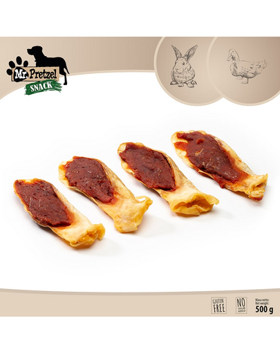 Recompense câini ureche de iepure cu rață pentru ros MR. PRETZEL 500g