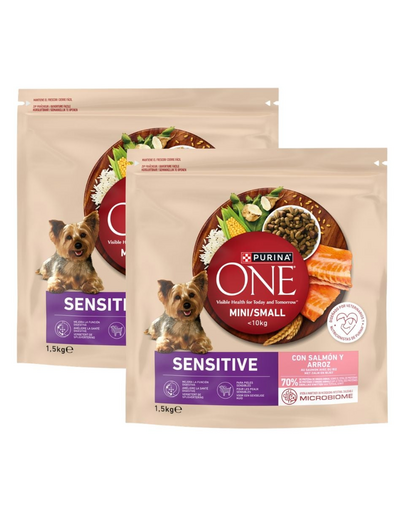 PURINA ONE Mini Small Sensitive Salmon & Rice 2x1,5 kg hrană uscată pentru câini de talie mică cu digestie sensibilă, cu somon și orez