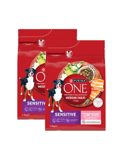 PURINA ONE Medium Maxi Adult Sensitive Salmon & Rice 2x2,5 kg hrană uscată pentru câini adulți de talie medie și mare cu digestie sensibilă, cu somon și orez