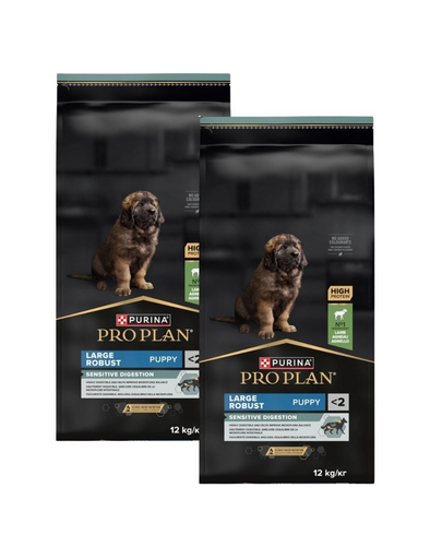 PURINA PRO PLAN Large Robust Puppy Sensitive Digestion 2x12 kg hrană uscată pentru căței de talie mare cu digestie sensibilă, bogată în miel