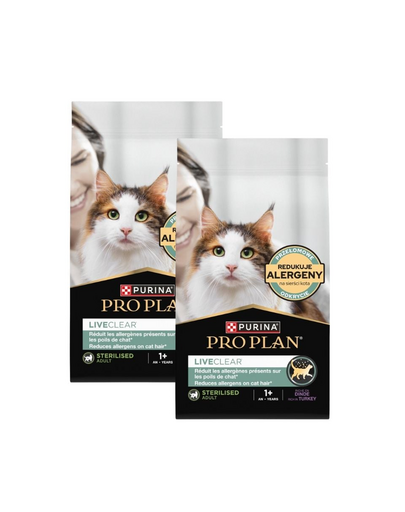 PURINA PRO PLAN LiveClear Sterilised 2x1,4 kg hrană uscată pentru pisici sterilizate, bogată în curcan, pentru reducerea alergenilor din blană