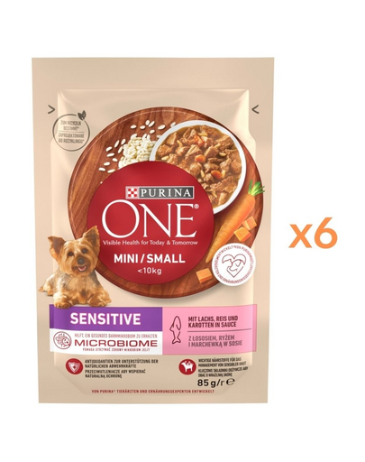 PURINA ONE Mini Small Sensitive Salmon 6x85 g hrană umedă pentru câini de talie mică, cu somon, orez și morcov în sos