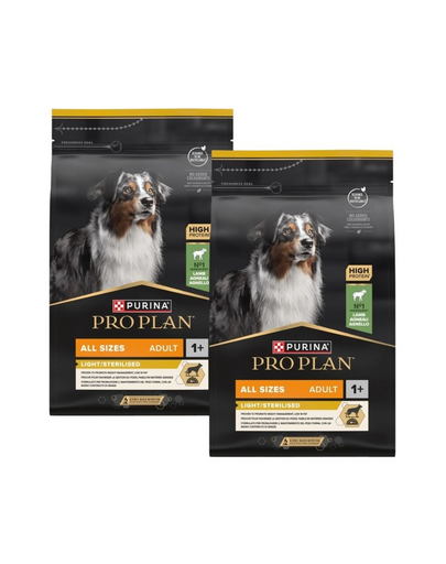 PURINA PRO PLAN Adult Light/Sterilised 2x3 kg hrană uscată pentru câini sterilizați, bogată în miel
