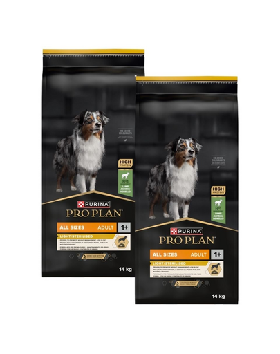 PURINA PRO PLAN Adult Light/Sterilised 2x14 kg hrană uscată pentru câini sterilizați, bogată în miel