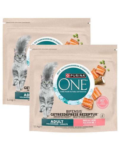 PURINA ONE Bifensis Grain Free Adult Salmon 2x1,1 kg hrană uscată fără cereale pentru pisici adulte, bogată în somon