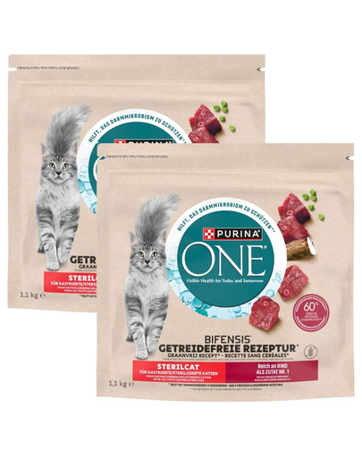 PURINA ONE Bifensis Grain Free Sterilcat Adult Beef 2x1,1 kg hrană uscată fără cereale pentru pisici sterilizate, bogată în vită