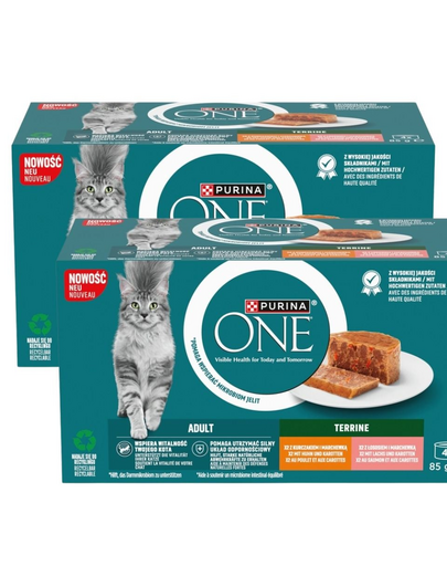 PURINA ONE Adult Terrine 8x85 g hrană umedă pentru pisici adulte, cu pui și morcovi, somon și morcovi