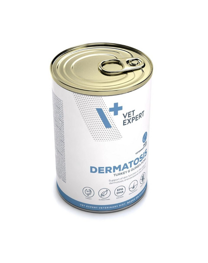Hrană pentru câini cu dermatoze și intoleranță VET EXPERT Veterinary Diet Dermatosis, 400 g curcan și bibilică