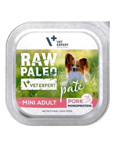 Hrană monoproteică pentru câini adulți talie mică RAW PALEO Mini Adult Pork Pate 150 g pate cu porc