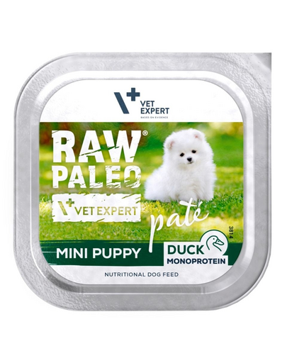 RAW PALEO Mini Puppy Duck Pate 150 g hrană umedă monoproteică pui câine talie mică, pate cu rață