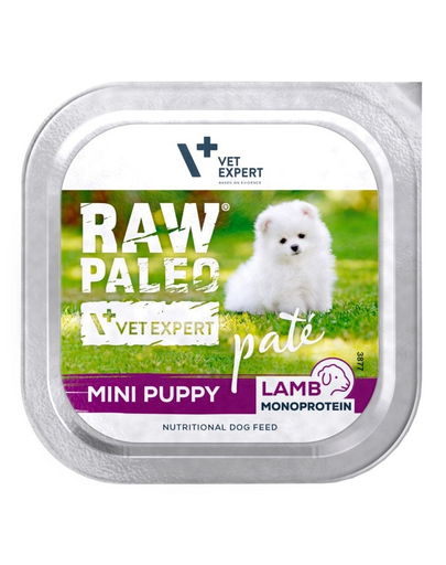 RAW PALEO Mini Puppy Lamb Pate cu miel 150 g hrană umedă monoproteică pentru pui de câine de talie mică