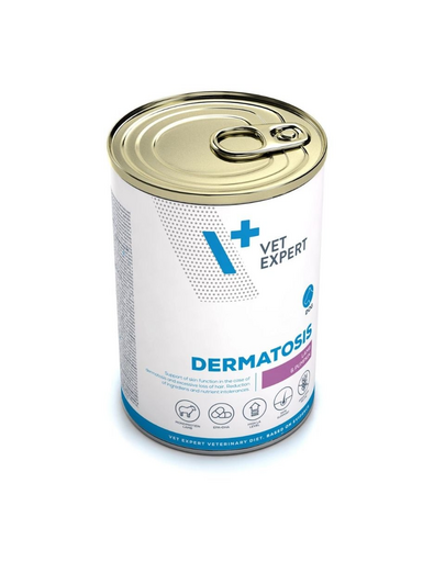 Hrană umedă dietetică pentru câini cu dermatoze și căderea excesivă a blănii VET EXPERT Veterinary Diet Dermatosis, 400 g miel și dovleac