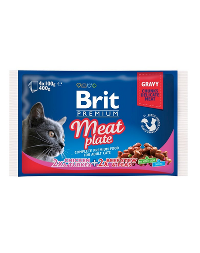 BRIT Cat Adult Meat Plate 8x100 g set de hrană umedă pentru pisici adulte, mix de arome cu carne