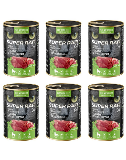 SUPER RAFI Cat vânat și inimi de pui 6x400 g hrană umedă pentru pisici adulte