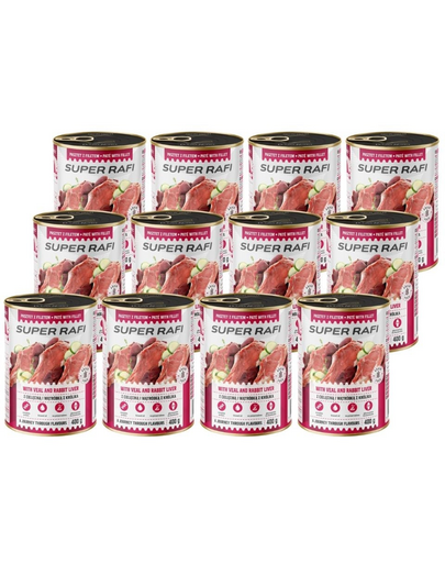 SUPER RAFI Pate cu vițel și ficat de iepure 12x400 g pentru câini adulți