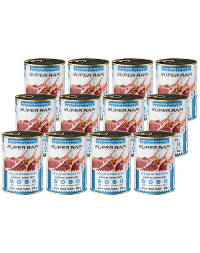 SUPER RAFI Pate cu miel și inimi de curcan 12x400 g pentru câini adulți