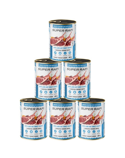 SUPER RAFI Pate cu miel și inimi de curcan 6x400 g pentru câini adulți