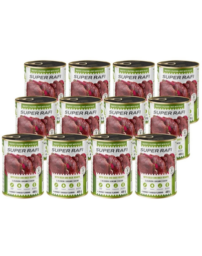 SUPER RAFI Pate cu cerb și inimi de rață 12x400 g pentru câini adulți
