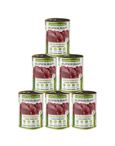 SUPER RAFI Pate cu cerb și inimi de rață 6x400 g pentru câini adulți