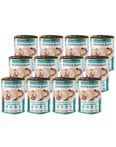 SUPER RAFI Pate cu bibilică și ficat de vită 12x400 g pentru câini adulți