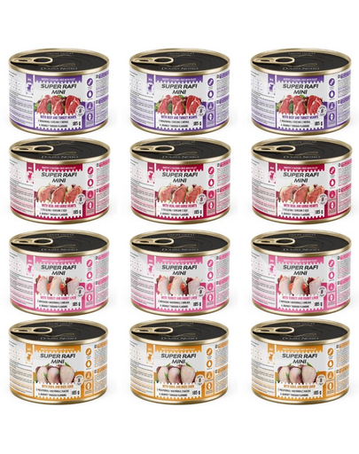 SUPER RAFI Mini Mix 4 Arome 12x185g hrană umedă pentru câini de rase mici