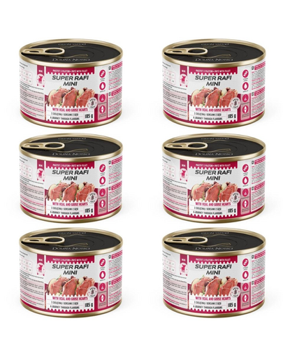 SUPER RAFI Mini cu vițel și inimi de gâscă 6x185 g hrană umedă pentru câini de talie mică