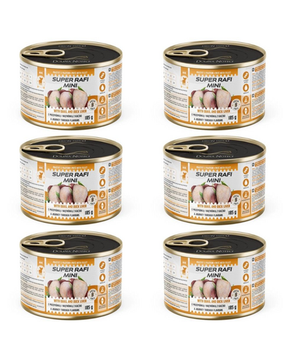 SUPER RAFI Mini cu prepeliță și ficat de rață 6x185 g hrană umedă pentru câini de talie mică