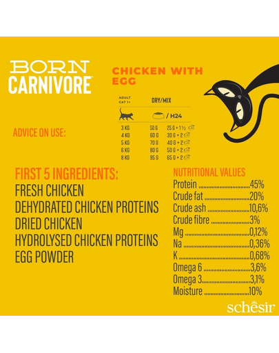Hrană uscată pisici bogată în proteine SCHESIR Born Carnivore 1,25 kg pui cu ou
