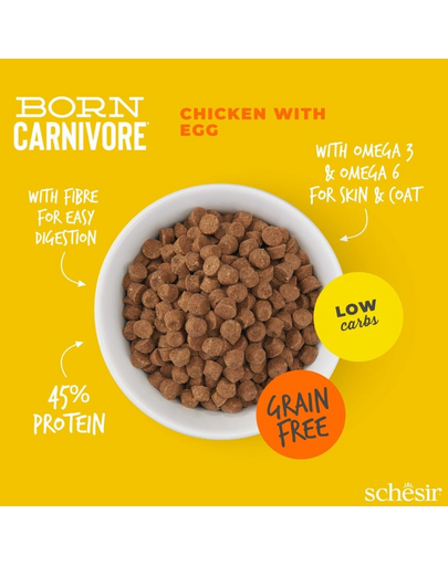 Hrană uscată pisici bogată în proteine SCHESIR Born Carnivore 1,25 kg pui cu ou