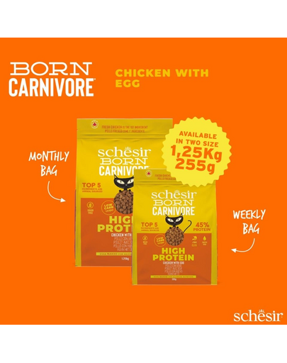 Hrană uscată pisici bogată în proteine SCHESIR Born Carnivore 1,25 kg pui cu ou