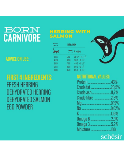 Hrană uscată pisici cu hering și somon Schesir Born Carnivore 1,25 kg fără cereale
