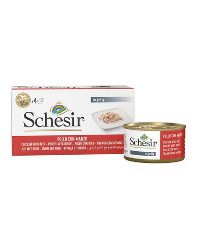 Hrană umedă câini mici Schesir pui cu vită în jeleu 4x85 g
